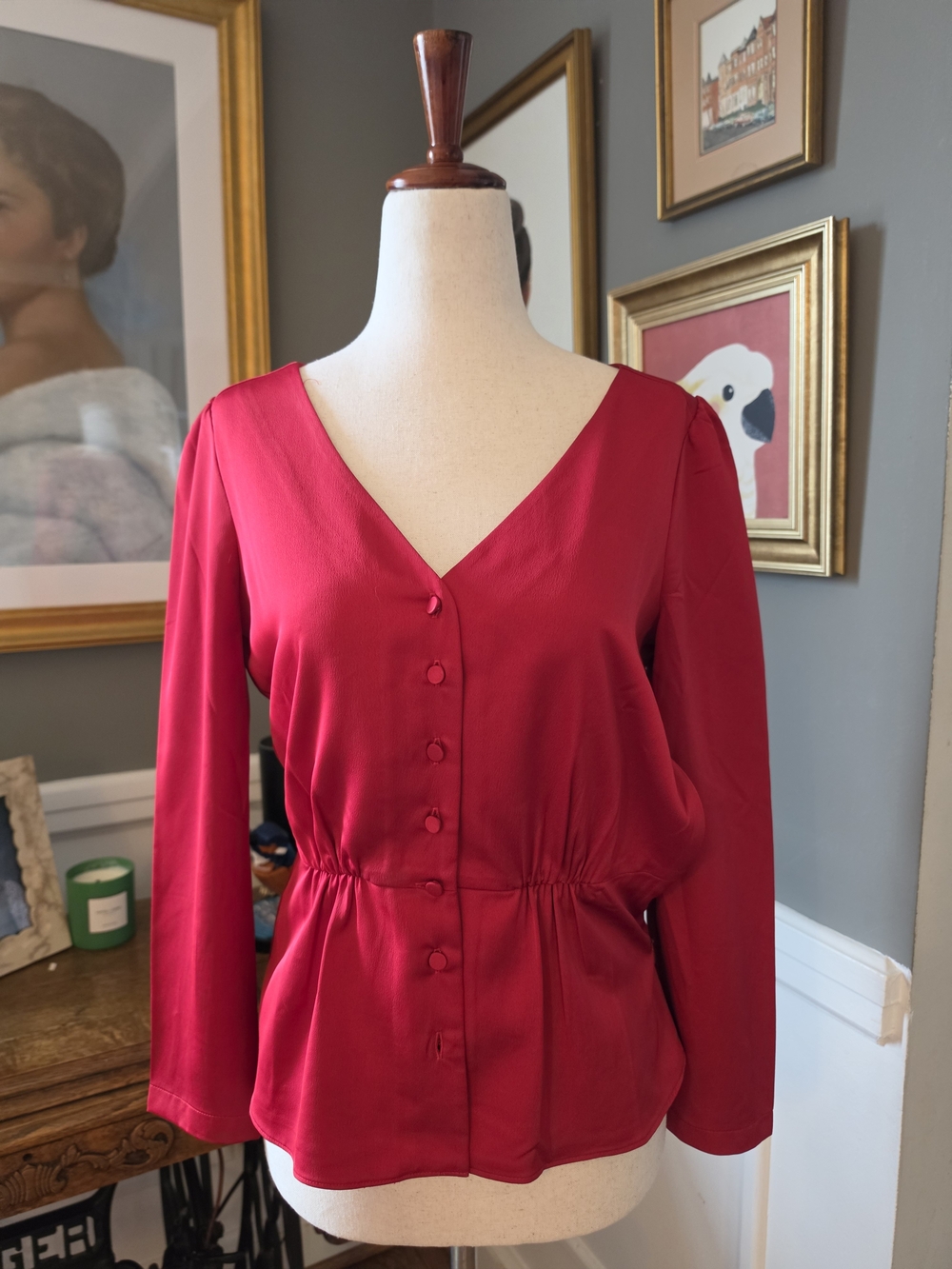 J Crew Women’s Red V-Neck Button Front Waist-Pleat Top Size Xs